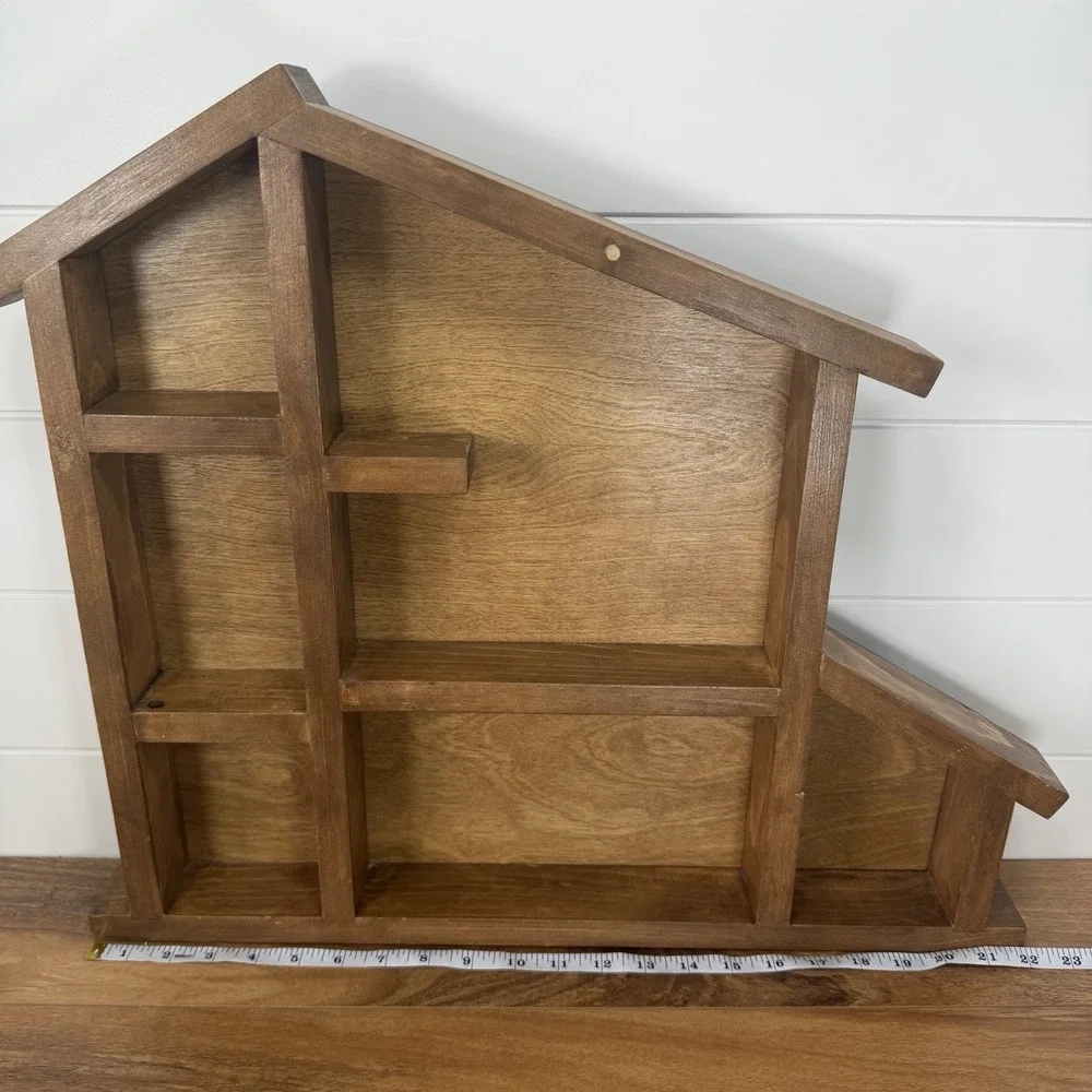 Vintage Wooden House Shaped Curio Knick Knack Trinket Back Open Shelf 19x22